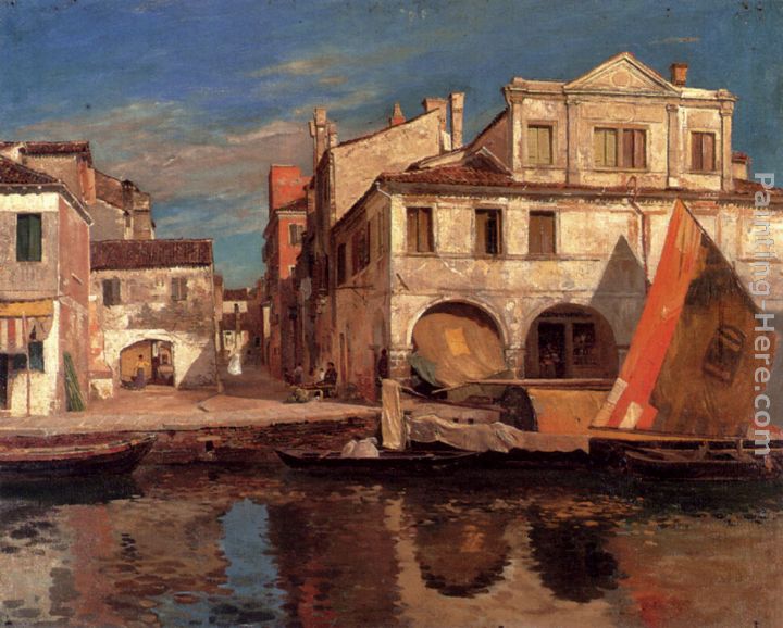 Kanalszene In Chioggia Mit Bragozzo painting - Gustav Bauernfeind Kanalszene In Chioggia Mit Bragozzo art painting